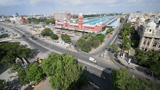 Chennai streets wear a deserted look during the full lockdown imposed by the Tamil Nadu government to curb the spread of Covid-19. In picture - Central Railway Station in Chennai.(PTI)