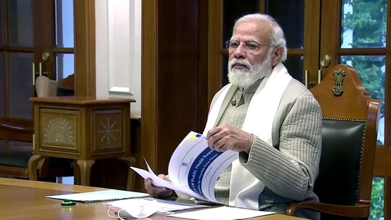 Prime Minister Narendra Modi chairs a meeting to review the Covid-19 situation in the country, through video conference, in New Delhi. (ANI)