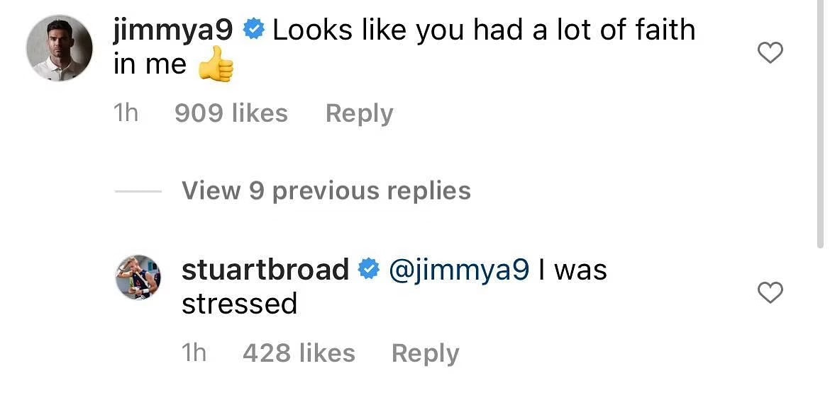 James Anderson reacts on Stuart Broad's Instagram post after Sydney Test