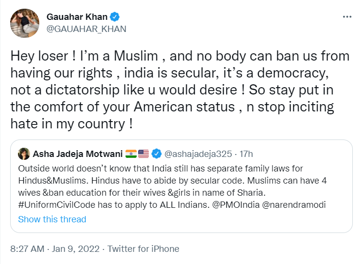 Gauahar Khan said that India is a democracy and not a dictatorship.