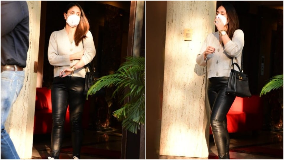 Kareena kapoor in beige sweater and leather pants.&nbsp;