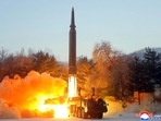 FILE - This photo provided by the North Korean government, shows what it says a test launch of a hypersonic missile in North Korea on Jan. 5, 2022. FILE - This photo provided by the North Korean government, shows what it says a test launch of a hypersonic missile in North Korea on Jan. 5, 2022.