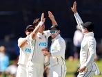 Trent Boult of New Zealand celebrates with the BlackCaps during play on day two of the second cricket test between Bangladesh and New Zealand at Hagley Oval in Christchurch, New Zealand, Monday, Jan. 10, 2022.(AP) Trent Boult of New Zealand celebrates with the BlackCaps during play on day two of the second cricket test between Bangladesh and New Zealand at Hagley Oval in Christchurch, New Zealand, Monday, Jan. 10, 2022.(AP)