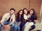 Sushmita Sen poses with Rohman Shawl, Renee and Alisah.