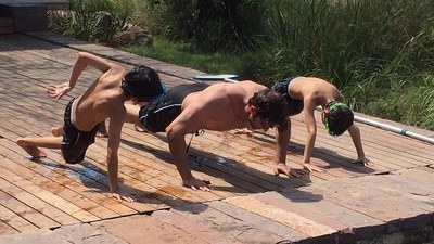 Hrithik Roshan once shared a picture of them working out together. He said that the two emulate everything he does. Hrithik Roshan once shared a picture of them working out together. He said that the two emulate everything he does. 