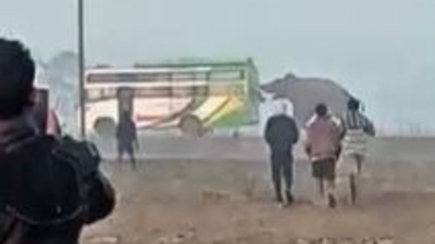A villager, who saw the wild elephant rushing and recorded the incident on his mobile phone, said the elephant damaged the glass pane of the bus (Screengrab/Twitter)
