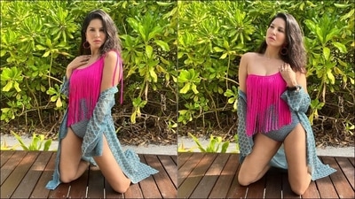 The pink and blue monokini is credited to designer Aakriti Grover’s uber-chic swimwear brand, Flirtatious, that boasts of bright styles, breezy vibes, stylish and contemporary trends in not just beach wear but also sports wear. The monokini originally costs  <span class='webrupee'>₹</span>6,720 on the designer website. (Instagram/sunnyleone)