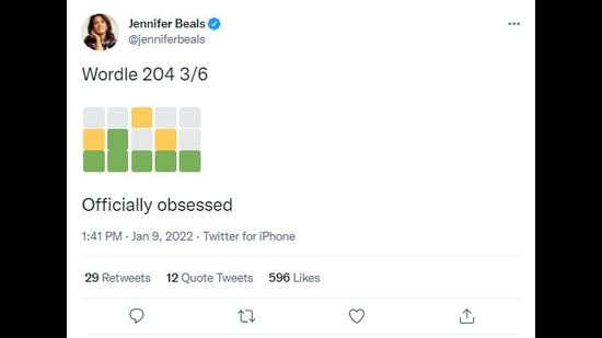 Sharing her score on Twitter, American actor Jennifer Beals says she is “officially obsessed” with Wordle. Sharing her score on Twitter, American actor Jennifer Beals says she is “officially obsessed” with Wordle.