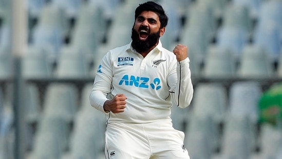 New Zealand's Ajaz Patel celebrates after picking a wicket(ANI )
