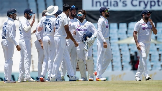 India's captain Virat Kohli, second from right, celebrates with teammates at end of the fifth day of the Test Cricket match between South Africa and India at Centurion Park(AP)