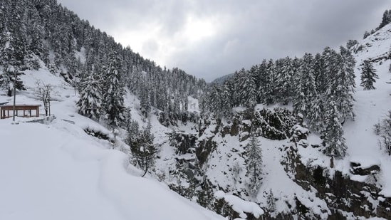 Qazigund, the gateway town to the valley, recorded a minimum of 0.6 degrees Celsius, while the nearby south Kashmir town of Kokernag recorded a low of minus 1.7 degrees Celsius.(HT Photo/Waseem Andrabi )