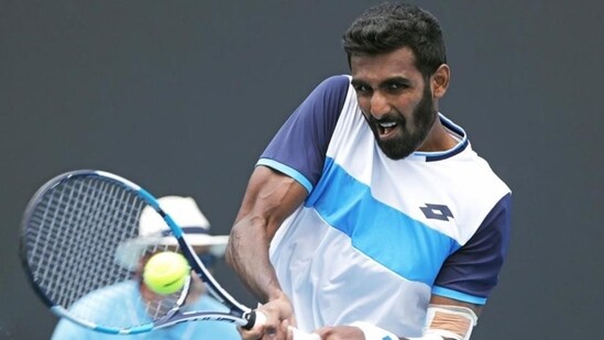 India’s Prajnesh Gunneswaran in action during the match against Japan’s Tatsuma Ito in January(Reuters)