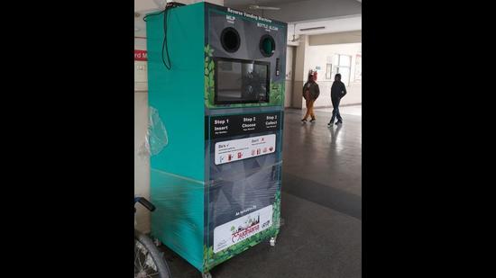 A plastic recycling machines set up at civil Hospital in Ludhiana. It will become operational before the end of the month. (HT Photo)