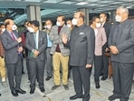 New Delhi: Lok Sabha Speaker Om Birla interacts with officials during his visit to Parliament to review preparations for the Budget Session, which is scheduled to begin in February, amid rising cases of COVID-19, in New Delhi, Tuesday, Jan. 11, 2022. (PTI Photo)(PTI01_11_2022_000065B) (PTI) New Delhi: Lok Sabha Speaker Om Birla interacts with officials during his visit to Parliament to review preparations for the Budget Session, which is scheduled to begin in February, amid rising cases of COVID-19, in New Delhi, Tuesday, Jan. 11, 2022. (PTI Photo)(PTI01_11_2022_000065B) (PTI)