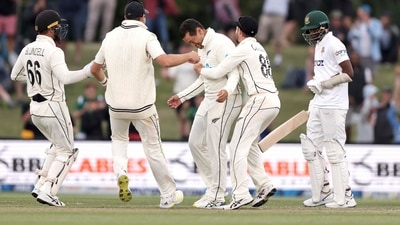 Ross Taylor of New Zealand celebrates a wicket and is congratulated by his teammates. (AP) Ross Taylor of New Zealand celebrates a wicket and is congratulated by his teammates. (AP)