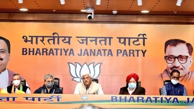 Union minister and BJP leader Gajendra Singh Shekhawat (centre) addressing the media at BJP headquarters. (Twitter/@gssjodhpur) Union minister and BJP leader Gajendra Singh Shekhawat (centre) addressing the media at BJP headquarters. (Twitter/@gssjodhpur)