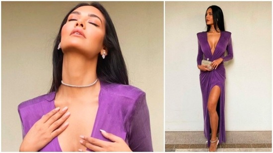 138 1641911499826 1641911528976 Esha Gupta earlier set the internet ablaze when she posed in a violet thigh-high slit gown with a plunging neckline.(Instagram/@egupta)