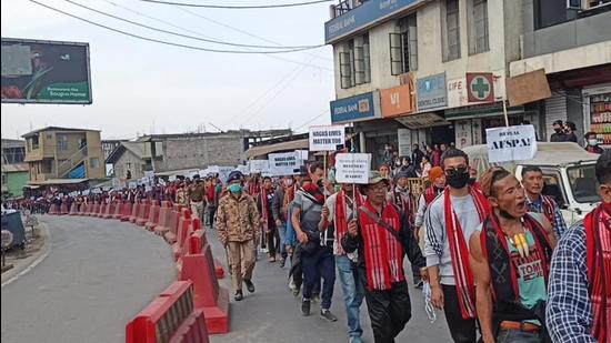 Participants of Nagaland’s walkathon from Dimapur to Kohima against Afspa arrived in state capital Kohima on Tuesday afternoon. It ended outside Raj Bhavan where a memorandum against the law addressed to Prime Minister Narendra Modi was submitted (HT Photo)