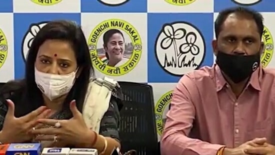 Goa Trinamool Congress (TMC) in-charge Mahua Moitra (left) and fellow party leader Sandeep Vazarkar address a press conference in Panjim.(ANI File Photo)