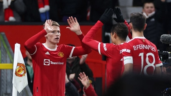 Manchester United's Scott McTominay celebrates scoring their first goal with teammates(REUTERS)