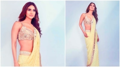 Vaani Kapoor, who is basking on the success of her latest release, Chandigarh Kare Aashiqui, donned a stunning lemon-yellow saree and blouse set which featured mirror and cutdana hand embroidery work. (Arpita Mehta) Vaani Kapoor, who is basking on the success of her latest release, Chandigarh Kare Aashiqui, donned a stunning lemon-yellow saree and blouse set which featured mirror and cutdana hand embroidery work. (Arpita Mehta)