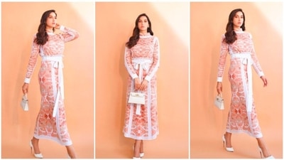 Nora Fatehi's trendy wardrobe choices have left the fashion police awestruck. Recently, she was seen donning a peach and white co-ord set by renowned international designer Apu Jan. (Instagram/@manekaharisinghani) Nora Fatehi's trendy wardrobe choices have left the fashion police awestruck. Recently, she was seen donning a peach and white co-ord set by renowned international designer Apu Jan. (Instagram/@manekaharisinghani)