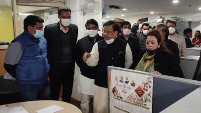 Urban local bodies minister Kamal Gupta (second from right) during the surprise inspection at the Municipal Corporation of Gurugram’s main office in Sector 34 on Wednesday. (Sourced) Urban local bodies minister Kamal Gupta (second from right) during the surprise inspection at the Municipal Corporation of Gurugram’s main office in Sector 34 on Wednesday. (Sourced)