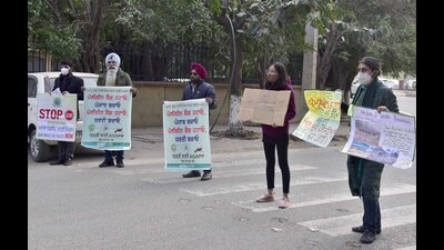 Members of Jalandhar-based NGO, Action Group Against Plastic Pollution. protesting outside MC’s Zone-D office in Sarabha Nagar, Ludhiana, on Wednesday. (Gurpreet Singh/HT) Members of Jalandhar-based NGO, Action Group Against Plastic Pollution. protesting outside MC’s Zone-D office in Sarabha Nagar, Ludhiana, on Wednesday. (Gurpreet Singh/HT)