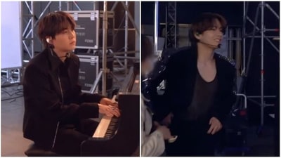 BTS' V teased Suga as he played the piano. BTS' V teased Suga as he played the piano.