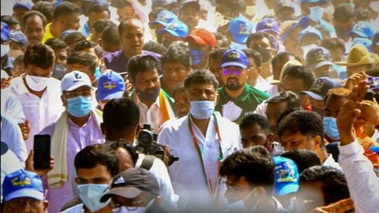 The Mekedatu padayatra led by Karnataka Congress president DK Shivakumar seeks a balancing reservoir across Cauvery river at Mekedatu in Ramanagara district. (Twitter/@DKShivakumar)