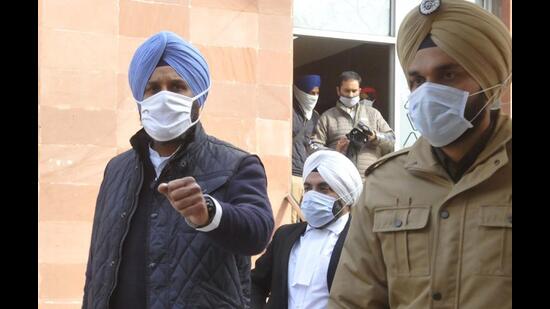 Shiromani Akali Dal leader and former Punjab minister Bikram Singh Majithia after being questioned by the special investigation team probing the drugs case at the Crime Branch cell in Mohali on Wednesday. (Keshav Singh/HT)