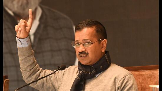 CM Arvind Kejriwal addresses a gathering ahead of Punjab elections in Mohali on Wednesday. (PTI)