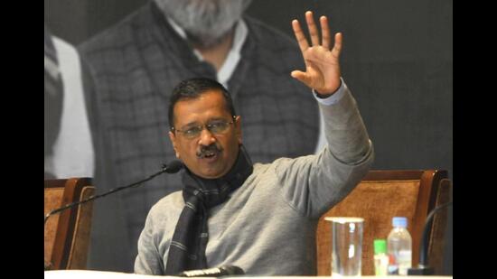 Aam Aadmi Party national convener and Delhi chief minister Arvind Kejriwal addressing a press conference in Mohali on Wednesday. (Keshav Singh/HT)