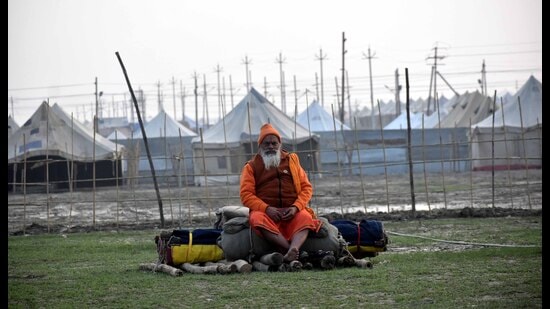 A saint at the Magh Mela tent city on Wednesday. (ht photo)
