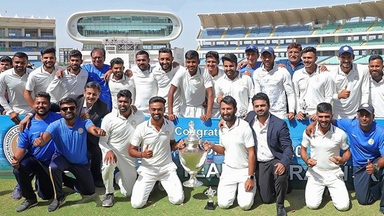 The Saurashtra cricket team after winning the Ranji Trophy. (Saurashtra/Twitter) The Saurashtra cricket team after winning the Ranji Trophy. (Saurashtra/Twitter)