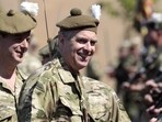 Britain's Prince Andrew watches as soldiers from Royal Highland Fusiliers 2nd Battalion, the Royal Regiment of Scotland.(AP)
