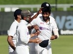 India's Jasprit Bumrah celebrates with teammates after taking the wicket of South Africa's Lungi Ngidi (REUTERS)