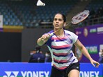 Saina Nehwal in action during her opening round of the India Open 2022 at IG Stadium, Delhi.(BAI)
