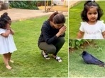 Shilpa Shetty joins her daughter Samisha as she prays for an injured bird. Shilpa Shetty joins her daughter Samisha as she prays for an injured bird.