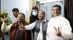 Swami Prasad Maurya and his loyalists showing victory sign in Lucknow on Thursday. (ANI PHOTO) Swami Prasad Maurya and his loyalists showing victory sign in Lucknow on Thursday. (ANI PHOTO)