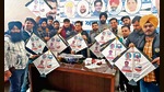 Supporters of AAP candidate Madan Lal Bagga with printed kites in Ludhiana on Thursday. (HT Photo) Supporters of AAP candidate Madan Lal Bagga with printed kites in Ludhiana on Thursday. (HT Photo)