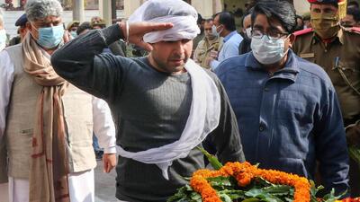 A family member of senior constable Rohit Chib pays last respects to his mortal remains in Jammu on Thursday. (PTI) A family member of senior constable Rohit Chib pays last respects to his mortal remains in Jammu on Thursday. (PTI)