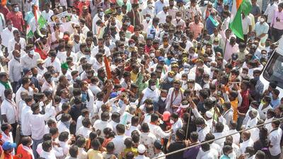 Karnataka Congress chief DK Shivakumar arrives for a meeting before starting the mekedatu padayatra, in Ramanagar near Bengaluru, on Thursday. (PTI)