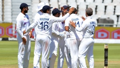 Cape Town, Jan 12 (ANI): India's Mohammed Shami celebrates the dismissal on the 2nd day of the third Test cricket match between South Africa and India, at Newlands stadium in Cape Town on Wednesday. (ANI Photo) (ANI) Cape Town, Jan 12 (ANI): India's Mohammed Shami celebrates the dismissal on the 2nd day of the third Test cricket match between South Africa and India, at Newlands stadium in Cape Town on Wednesday. (ANI Photo) (ANI)