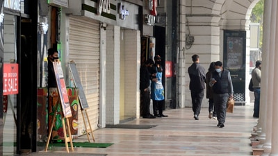 Shops at Delhi's Connaught Place closed according to the Delhi government's odd-even rules amid Covid surge. Shops at Delhi's Connaught Place closed according to the Delhi government's odd-even rules amid Covid surge. 