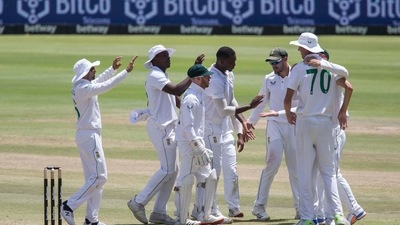 Cape Town: South Africa celebrate the wicket of Shardul Thakurduring the third day of the third and final test match between South Africa and India in Cape Town, South Africa, Thursday, Jan. 13, 2022.AP/PTI(AP01_13_2022_000135A) (AP) Cape Town: South Africa celebrate the wicket of Shardul Thakurduring the third day of the third and final test match between South Africa and India in Cape Town, South Africa, Thursday, Jan. 13, 2022.AP/PTI(AP01_13_2022_000135A) (AP)