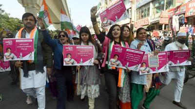 Congress hold an election awareness march on women welfare ahead of UP elections at Sector 27, in Noida, on December 20. The party on Thursday released its first list of candidates for the upcoming polls. Congress hold an election awareness march on women welfare ahead of UP elections at Sector 27, in Noida, on December 20. The party on Thursday released its first list of candidates for the upcoming polls.