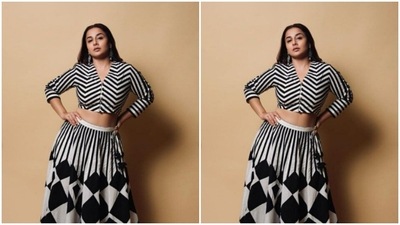 The co-ord set came with a white and black striped cropped top with quarter sleeves. She paired it with a long flowy skirt of the same print. (Instagram/@balanvidya)