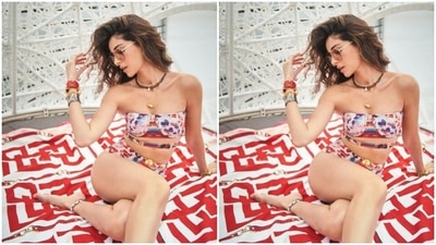 Ananya played muse to designer house Falguni Shane Peacock and picked a white and red printed bikini. (Instagram/@ananyapanday)