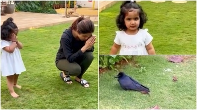 Shilpa Shetty joins her daughter Samisha as she prays for an injured bird. Shilpa Shetty joins her daughter Samisha as she prays for an injured bird.
